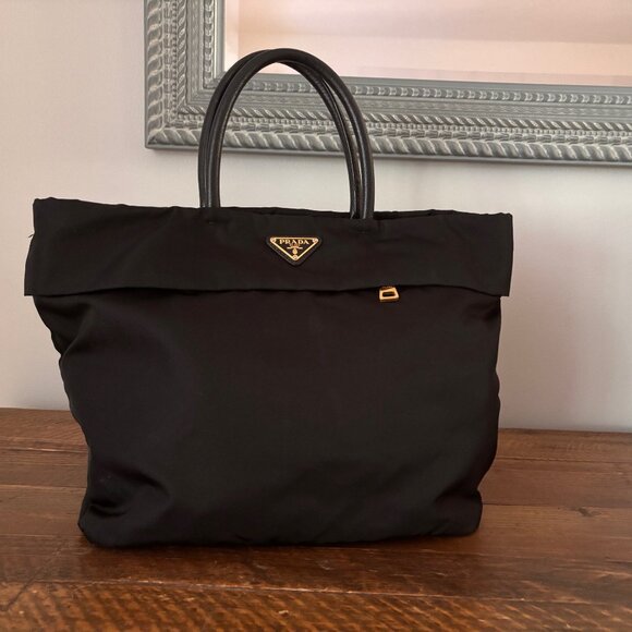 Vintage Prada Tessuto Nylon Tote – Black with Gold Hardware, Classic Logo - Picture 2 of 8